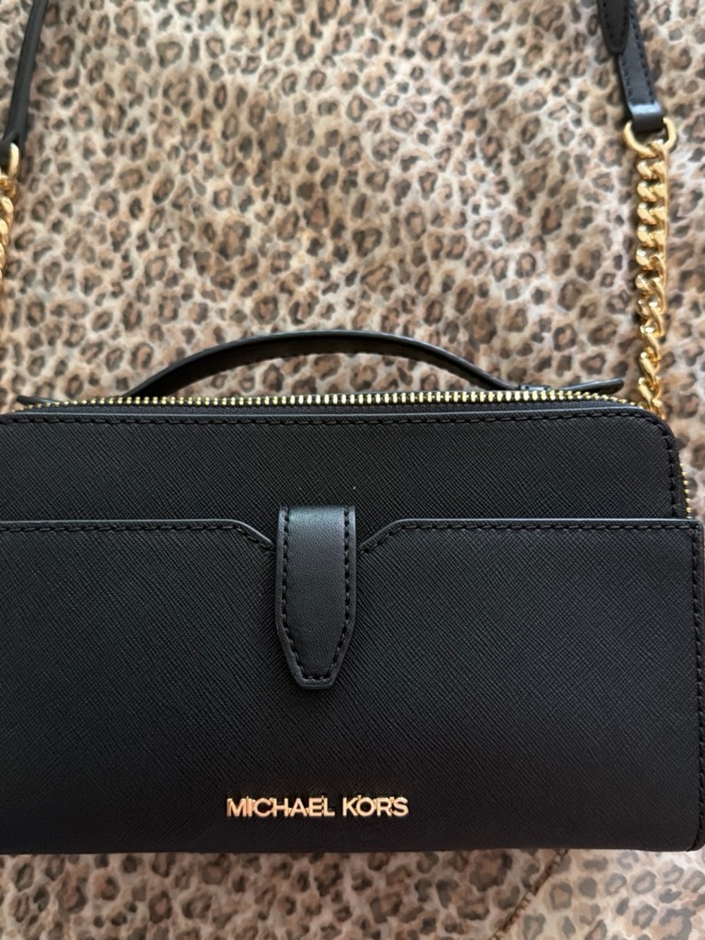 Michael Kors Black Saffiano Crossbody Wallet with Gold Hardware